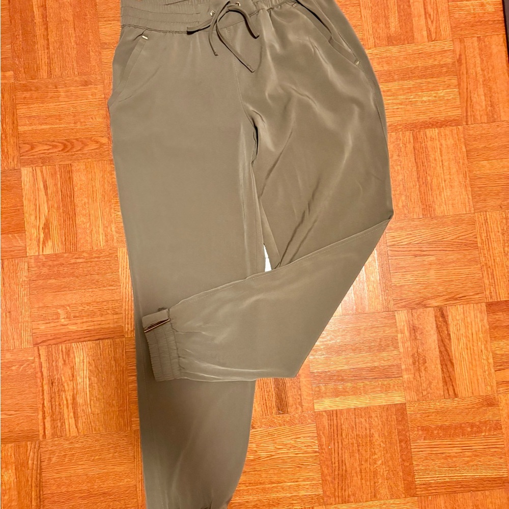 Dynamite Olive Dressy Joggers with gold accents on the ankle